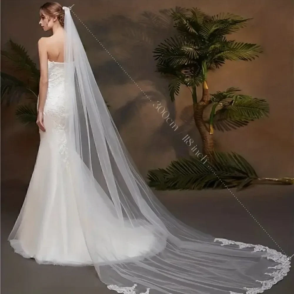 Cathedral Bridal Wedding Veil With Embroidered Floral Lace Edge and Comb